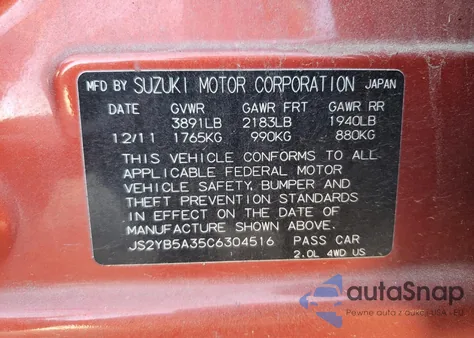 2012 Suzuki Sx4 z USA, uszkodzony, nr VIN JS2YB5A35C6304516